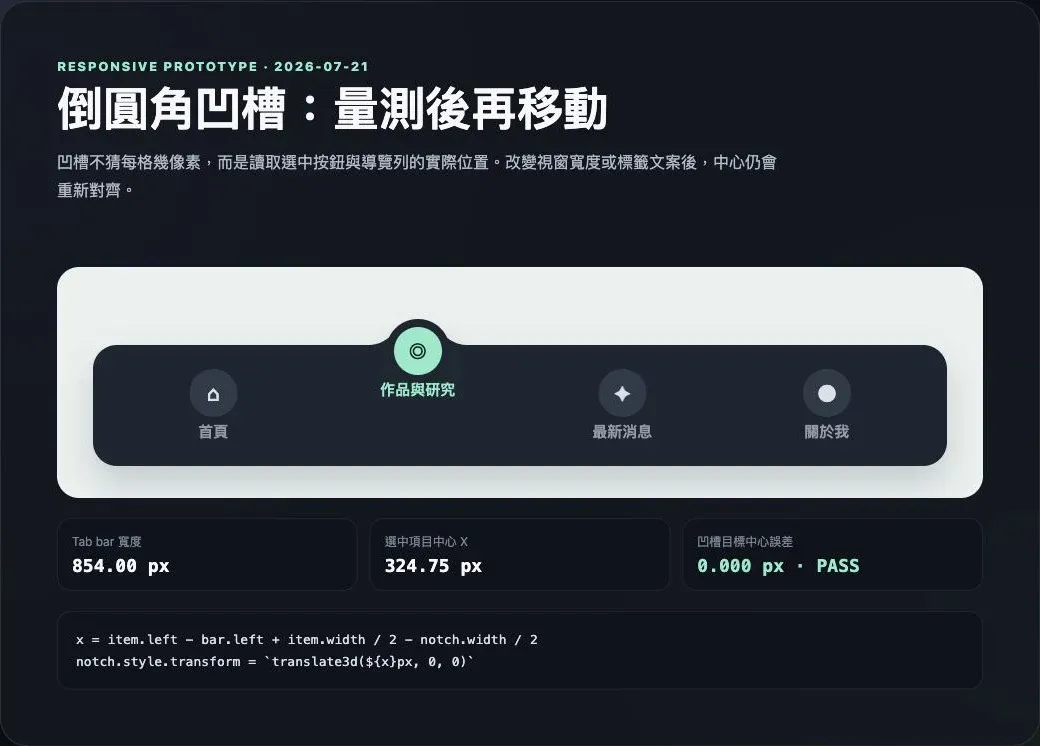 桌面版倒圓角 Tab Bar 切換到作品與研究,圓形凹槽目標中心誤差為 0.000px