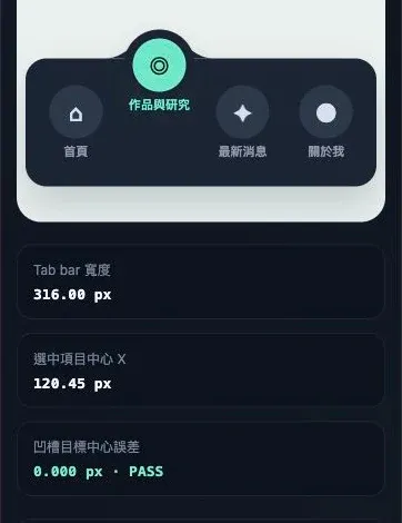390px viewport 的倒圓角 Tab Bar,選中作品與研究後中心誤差為 0.000px