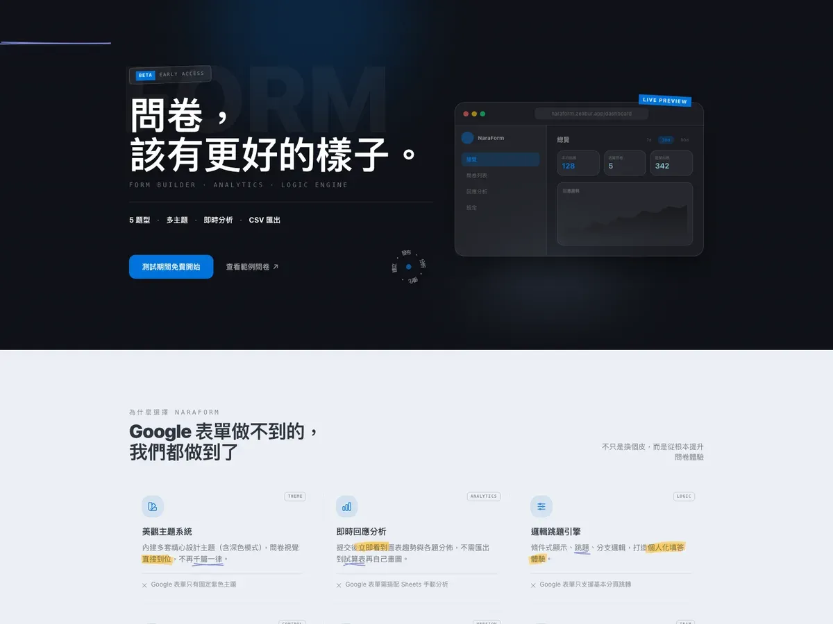 NaraForm 首頁與 Dashboard 預覽